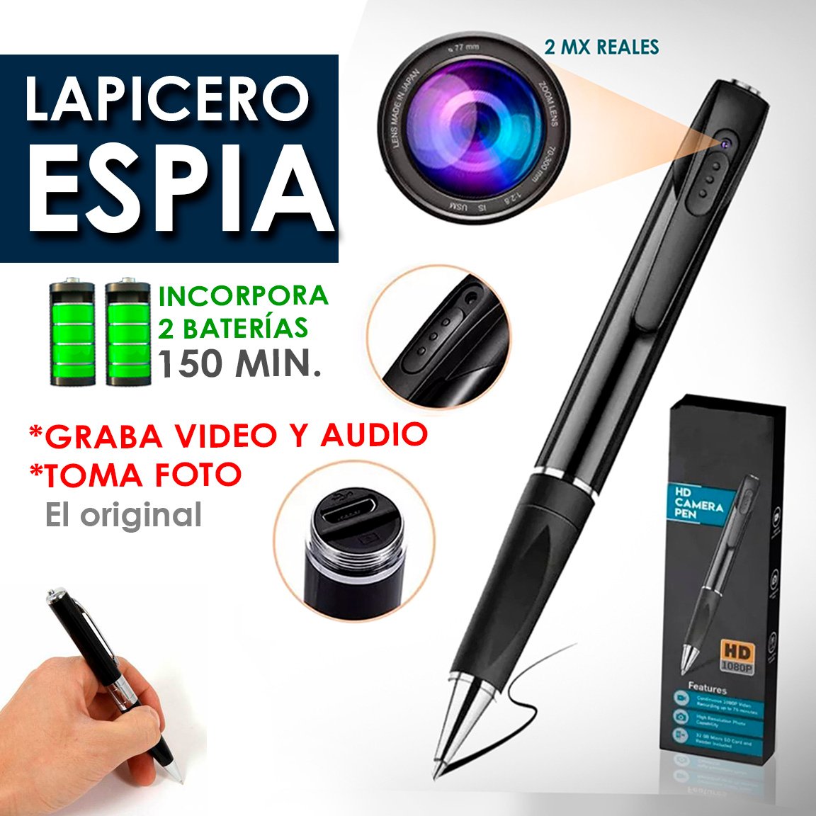 CÁMARA ESPÍA LAPICERO, 2 MPX, 2 BATERÍAS, MÁS CAPACIDAD