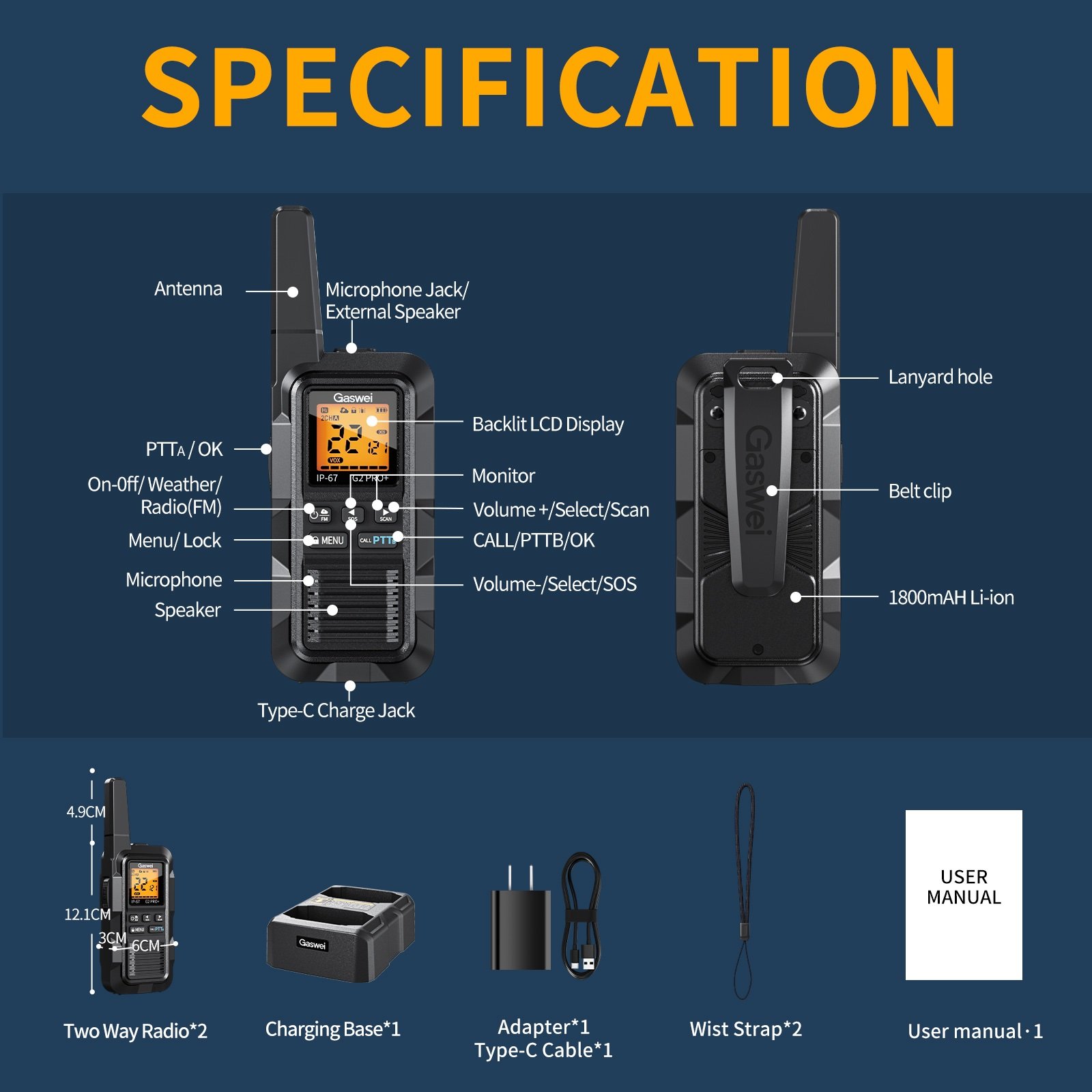 WALKIE-TALKIES DE LARGO ALCANCE, IMPERMEABLE IP67 DE 2W. 10KM GASWEI - Imagen 5